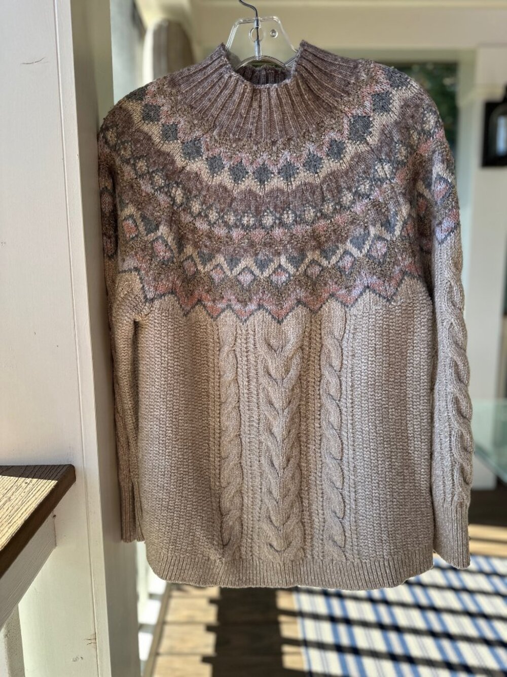 Chico's Fair Isle Sweater Cotton Wool Blend Mock Neck Grey Cream Size 2 (Large)